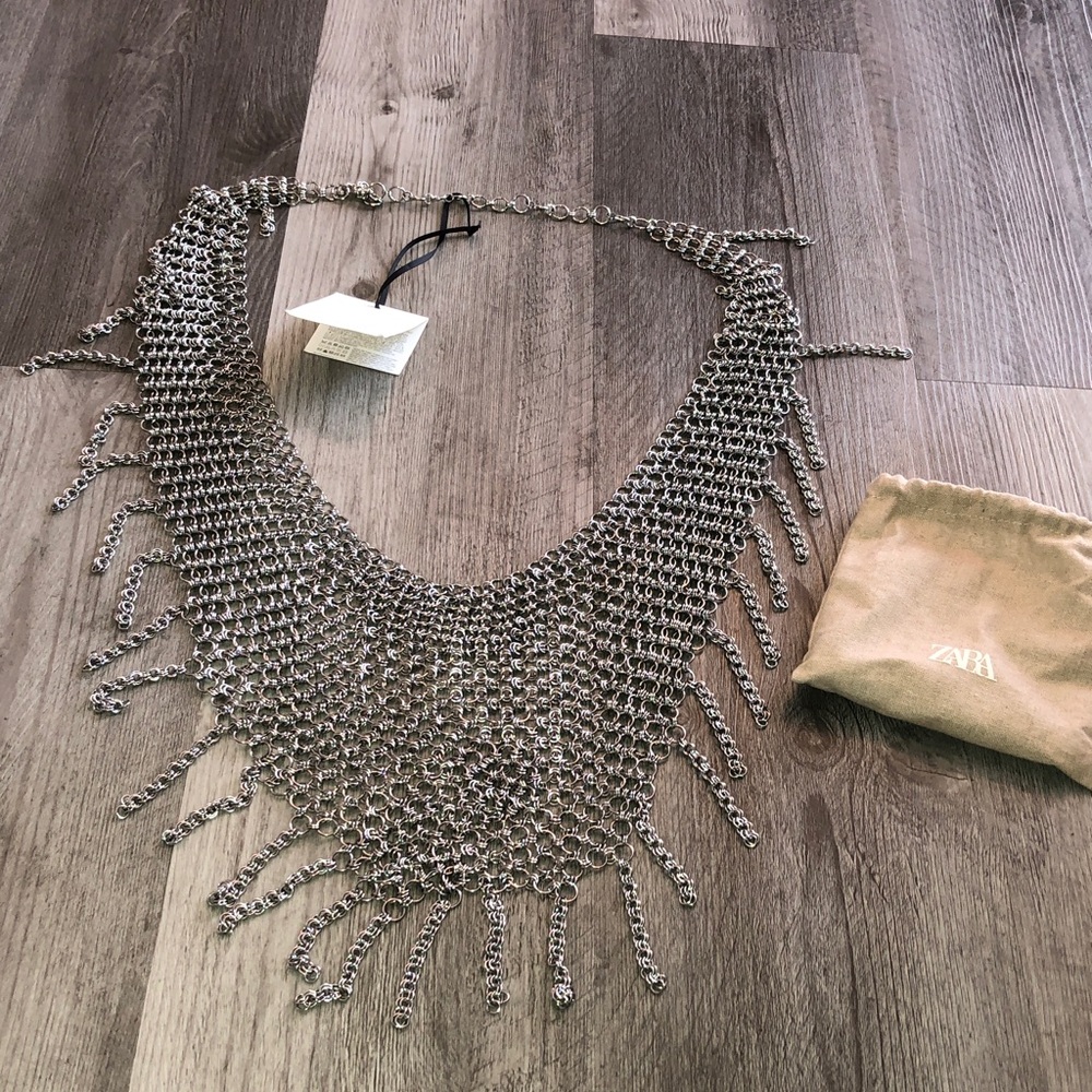 ZARA Silver Tone Triangle Chainmail Fringe Bib Necklace Scarf Belt Size 30 NWT
